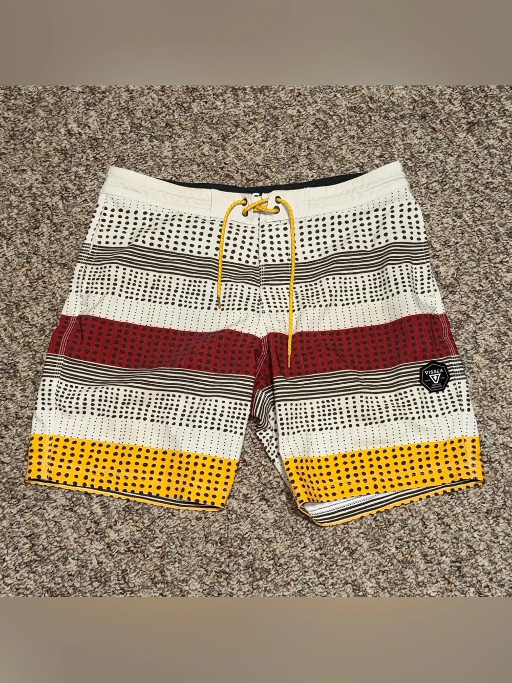VISSLA Men's size 34 White‎ Swim Shorts with Red & Yellow Stripe Accents beach